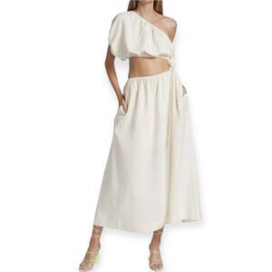 Farm Rio One Shoulder Off White Linen Blend MIDI Dress sz Medium NWT